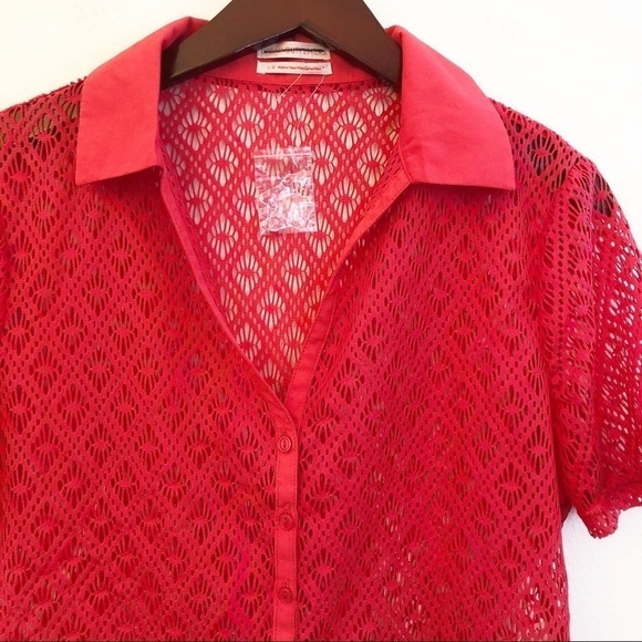 URBAN OUTFITTERS NEW Sheer Lace Cropped Top Size Large in Coral Red - Picture 3 of 15